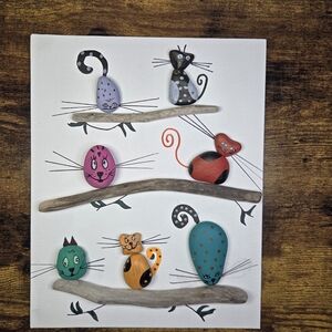 Funky Cat Folk Art Hand-Painted Cat Rock Art on Canvas 8x10 Wall Hanging Decor